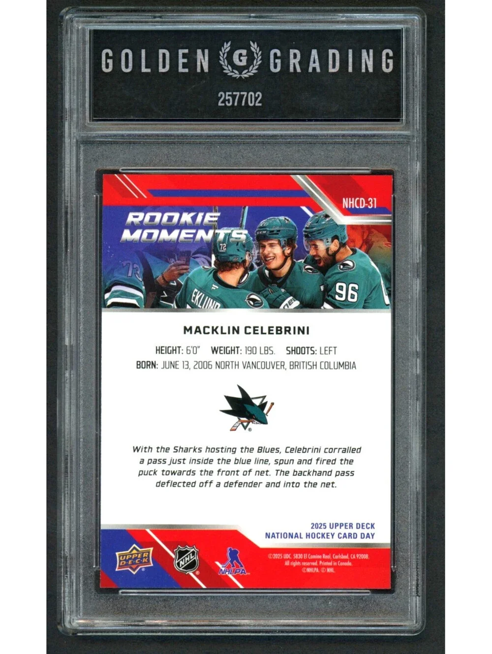 2025 Upper Deck NHCD31 Macklin Celebrini Rookie Moments Sharks Graded Mint 9